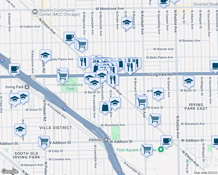 map of restaurants, bars, coffee shops, grocery stores, and more near 3912 North Central Park Avenue in Chicago