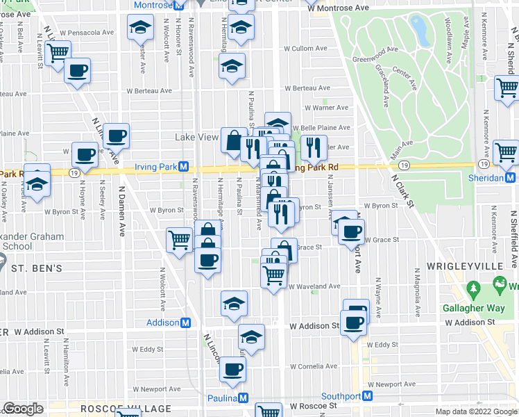 map of restaurants, bars, coffee shops, grocery stores, and more near W Byron St & N Marshfield Ave in Chicago