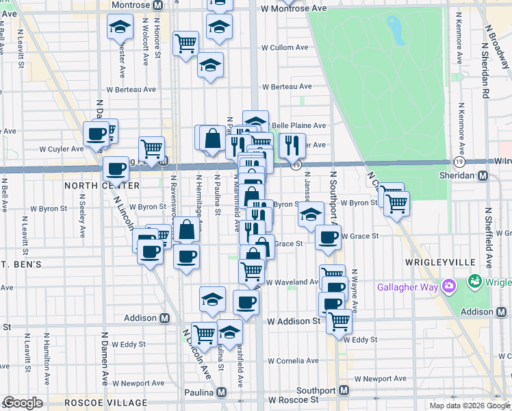 map of restaurants, bars, coffee shops, grocery stores, and more near N Ashland Ave & W Byron St in Chicago