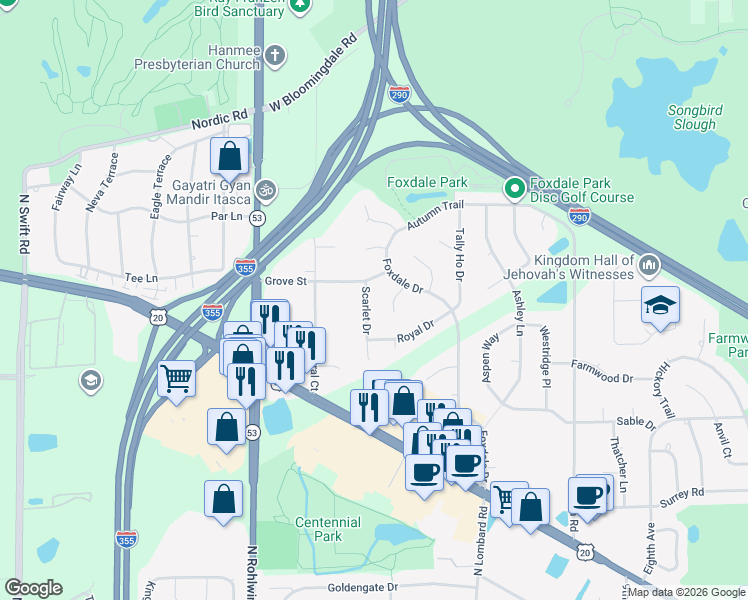 map of restaurants, bars, coffee shops, grocery stores, and more near 1312 Saddle Row in Addison