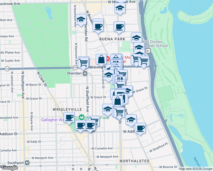 map of restaurants, bars, coffee shops, grocery stores, and more near 831 West Sheridan Road in Chicago