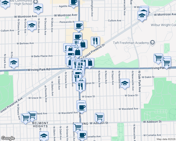 map of restaurants, bars, coffee shops, grocery stores, and more near 3945 North Neva Avenue in Chicago