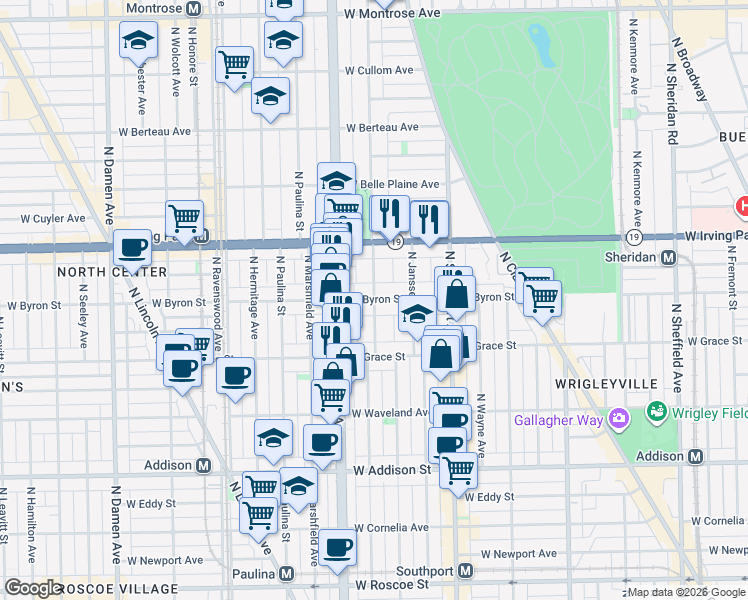 map of restaurants, bars, coffee shops, grocery stores, and more near W Byron St & N Greenview Ave in Chicago