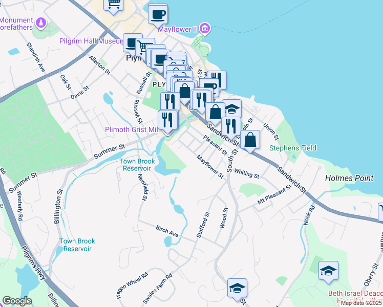 map of restaurants, bars, coffee shops, grocery stores, and more near 17 Mayflower Street in Plymouth