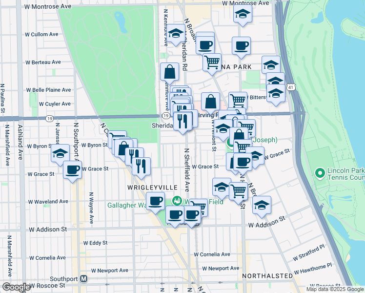 map of restaurants, bars, coffee shops, grocery stores, and more near 1017 West Byron Street in Chicago