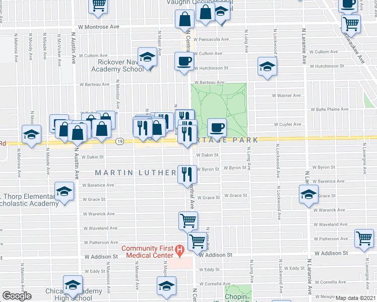 map of restaurants, bars, coffee shops, grocery stores, and more near 3942 North Central Avenue in Chicago