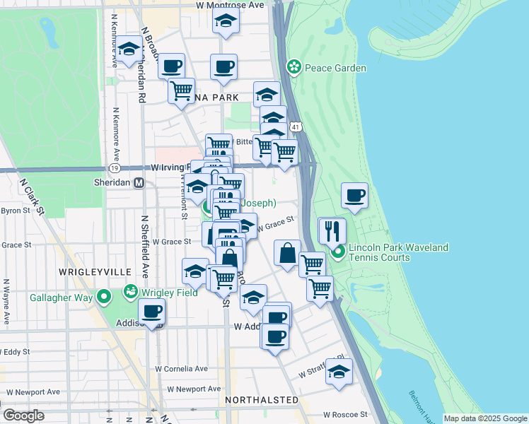map of restaurants, bars, coffee shops, grocery stores, and more near 635w West Grace Street in Chicago