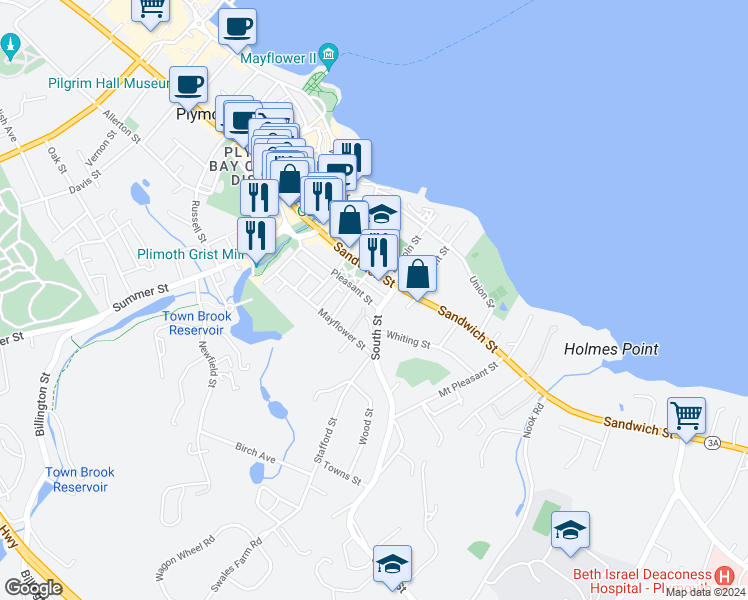 map of restaurants, bars, coffee shops, grocery stores, and more near 23 South Street in Plymouth