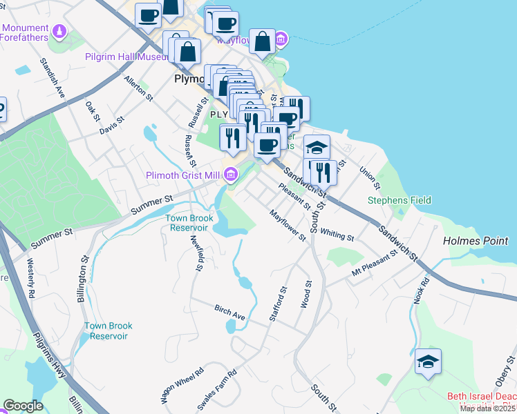 map of restaurants, bars, coffee shops, grocery stores, and more near 17 Mayflower Street in Plymouth