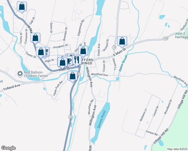 map of restaurants, bars, coffee shops, grocery stores, and more near 32 Willington Avenue in Stafford