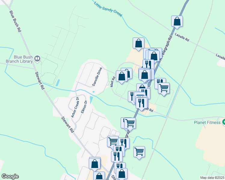 map of restaurants, bars, coffee shops, grocery stores, and more near 1525 Mall Road in Monroe