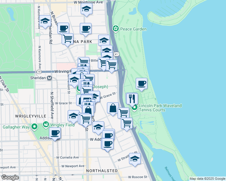 map of restaurants, bars, coffee shops, grocery stores, and more near 635w West Grace Street in Chicago