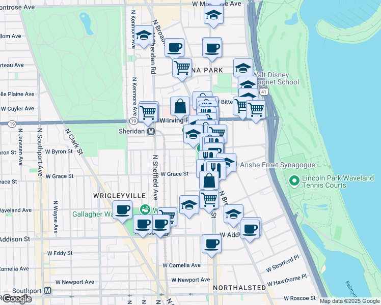map of restaurants, bars, coffee shops, grocery stores, and more near 831 West Sheridan Road in Chicago