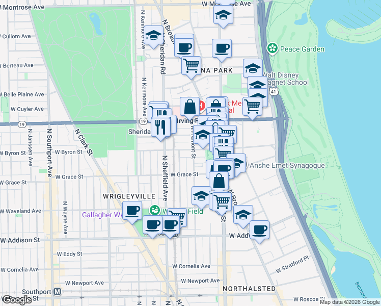 map of restaurants, bars, coffee shops, grocery stores, and more near 3824 North Fremont Street in Chicago