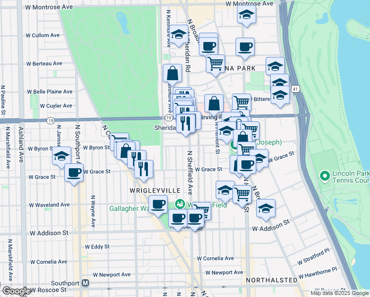 map of restaurants, bars, coffee shops, grocery stores, and more near 1017 West Byron Street in Chicago