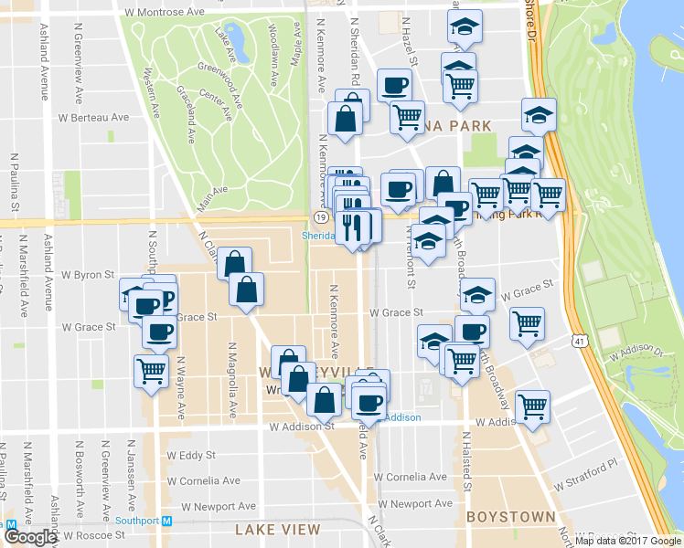 map of restaurants, bars, coffee shops, grocery stores, and more near 1017 West Byron Street in Chicago