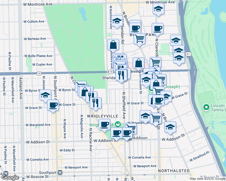 map of restaurants, bars, coffee shops, grocery stores, and more near 1017 West Byron Street in Chicago