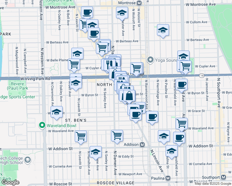 map of restaurants, bars, coffee shops, grocery stores, and more near 3868 North Lincoln Avenue in Chicago