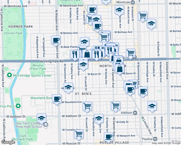 map of restaurants, bars, coffee shops, grocery stores, and more near 3850 North Hamilton Avenue in Chicago