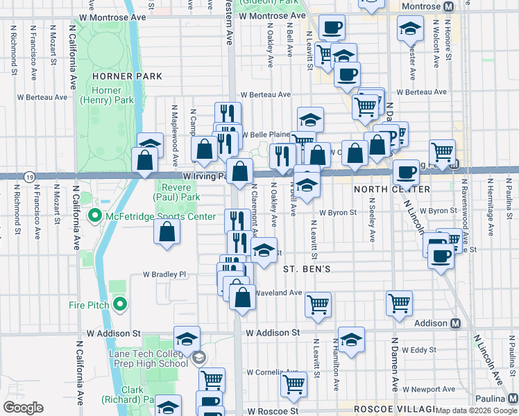 map of restaurants, bars, coffee shops, grocery stores, and more near 3855 North Claremont Avenue in Chicago