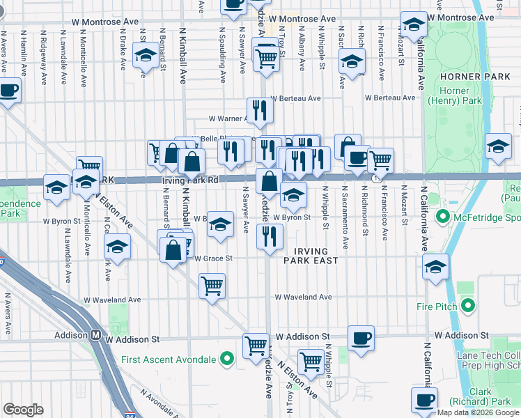 map of restaurants, bars, coffee shops, grocery stores, and more near 3859 North Kedzie Avenue in Chicago