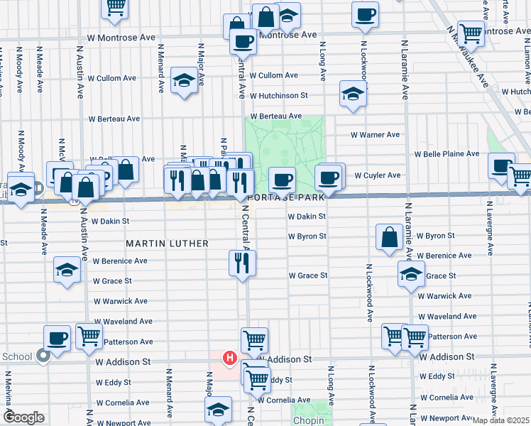 map of restaurants, bars, coffee shops, grocery stores, and more near 3942 North Central Avenue in Chicago