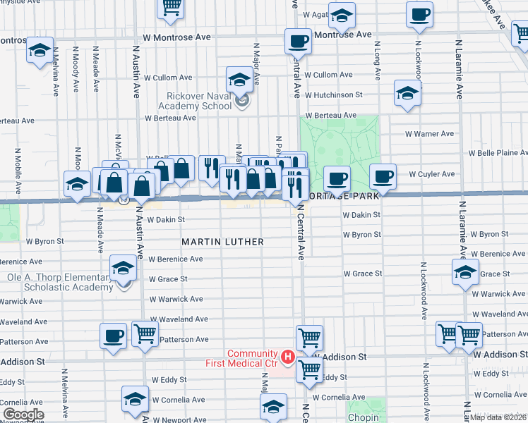 map of restaurants, bars, coffee shops, grocery stores, and more near 5701 West Dakin Street in Chicago