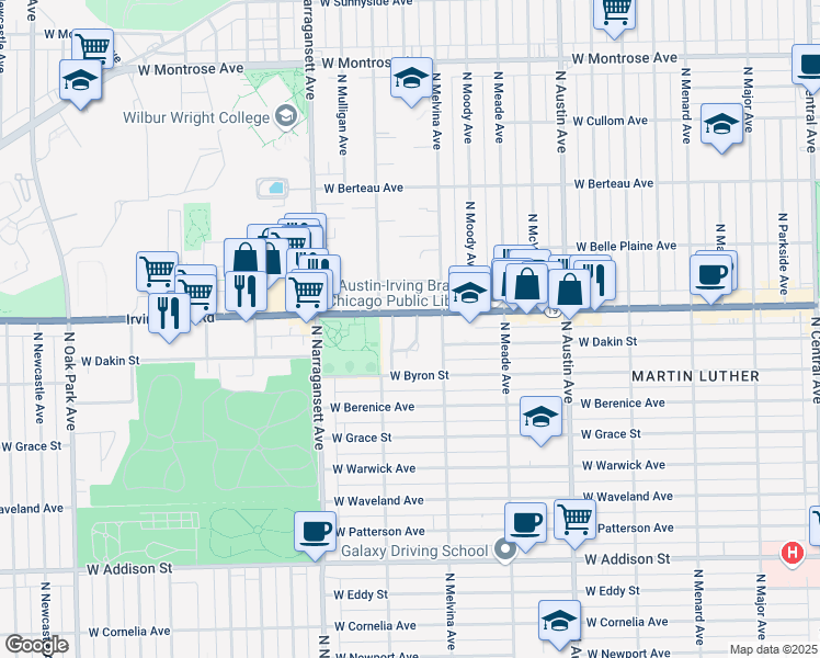 map of restaurants, bars, coffee shops, grocery stores, and more near 3938 North Merrimac Avenue in Chicago