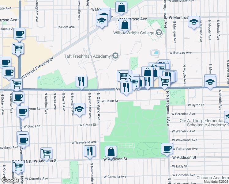 map of restaurants, bars, coffee shops, grocery stores, and more near 3955 North Normandy Avenue in Chicago
