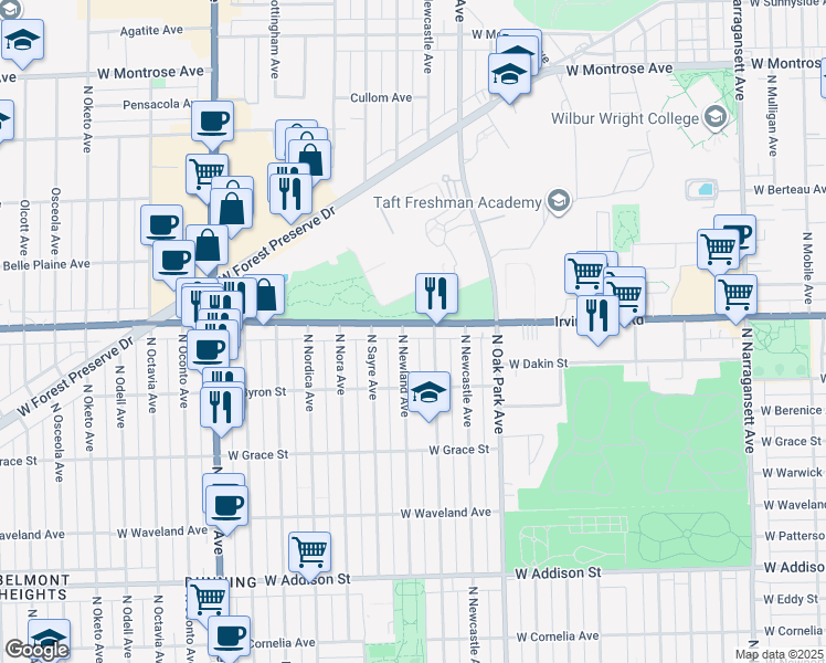 map of restaurants, bars, coffee shops, grocery stores, and more near 3937 North Newland Avenue in Chicago