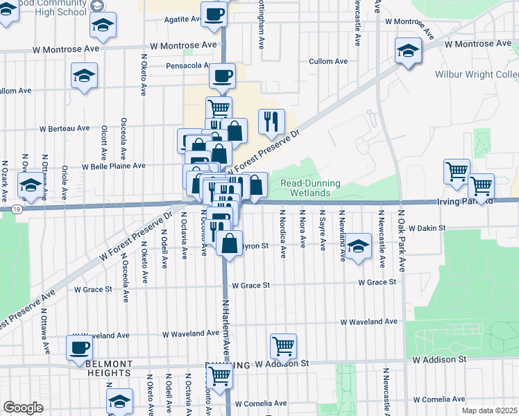 map of restaurants, bars, coffee shops, grocery stores, and more near 3945 North Neva Avenue in Chicago