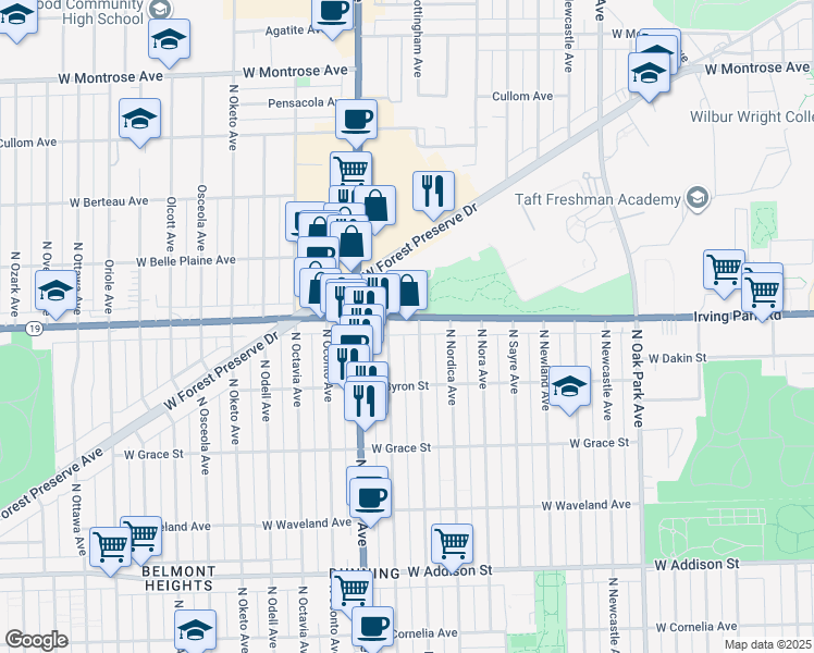map of restaurants, bars, coffee shops, grocery stores, and more near 3945 North Neva Avenue in Chicago