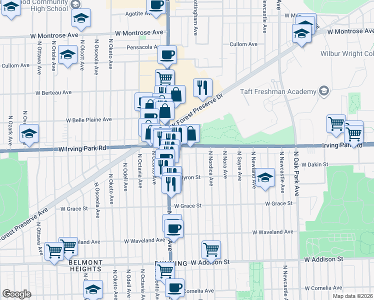 map of restaurants, bars, coffee shops, grocery stores, and more near 3945 North Neva Avenue in Chicago