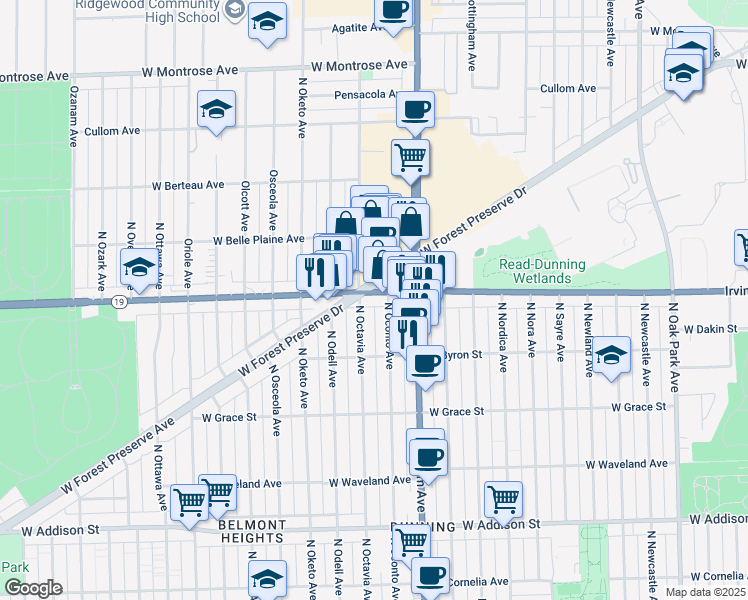 map of restaurants, bars, coffee shops, grocery stores, and more near 3944 North Oconto Avenue in Chicago