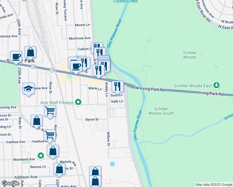 map of restaurants, bars, coffee shops, grocery stores, and more near 9229 Susy Lane in Schiller Park