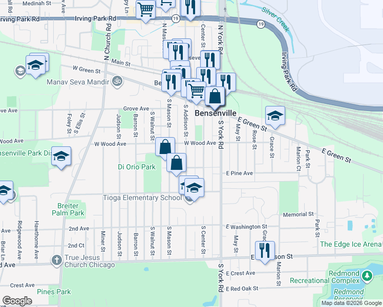 map of restaurants, bars, coffee shops, grocery stores, and more near 231 South Addison Street in Bensenville