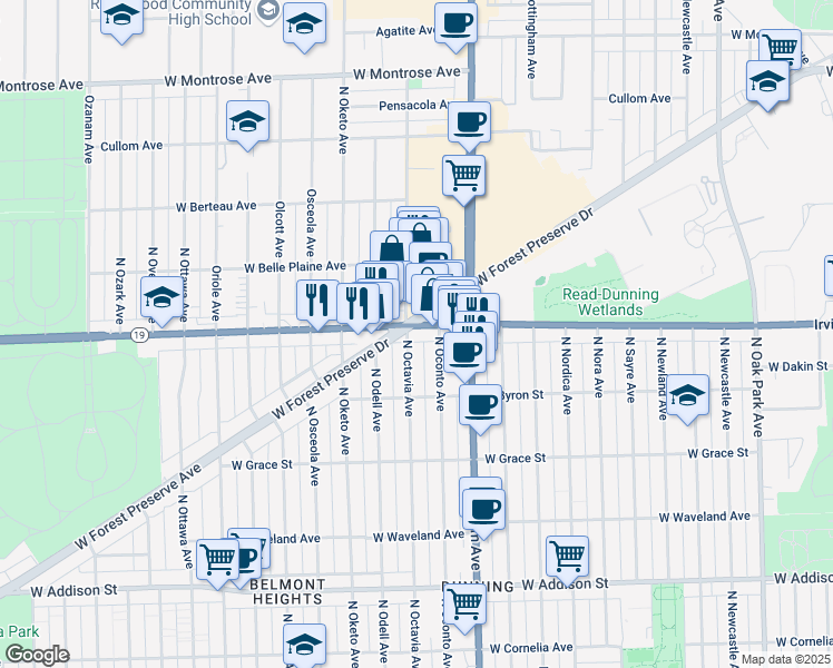 map of restaurants, bars, coffee shops, grocery stores, and more near 3946 North Octavia Avenue in Chicago