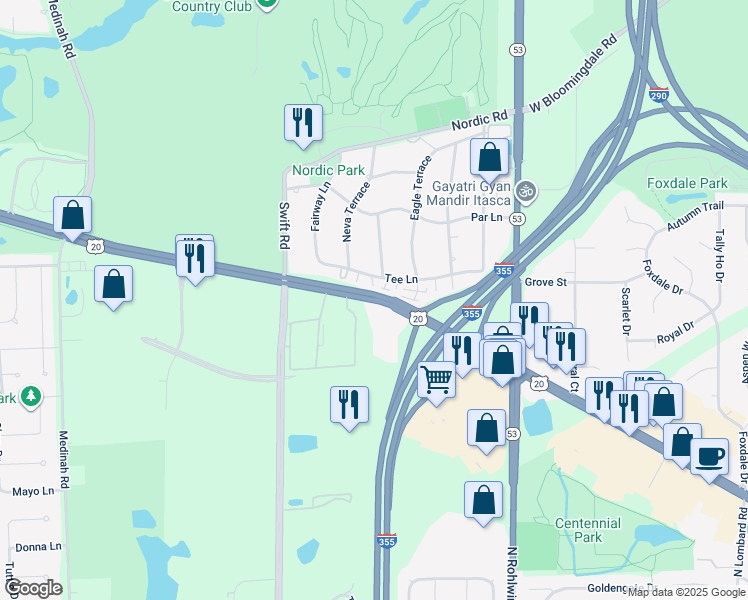 map of restaurants, bars, coffee shops, grocery stores, and more near 2349 Lake Street in Addison