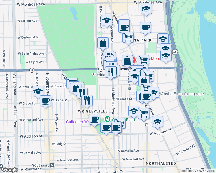 map of restaurants, bars, coffee shops, grocery stores, and more near 1017 West Byron Street in Chicago