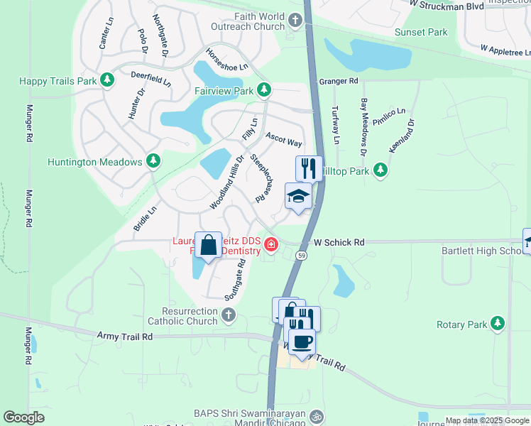 map of restaurants, bars, coffee shops, grocery stores, and more near 1531 Southgate Road in Bartlett