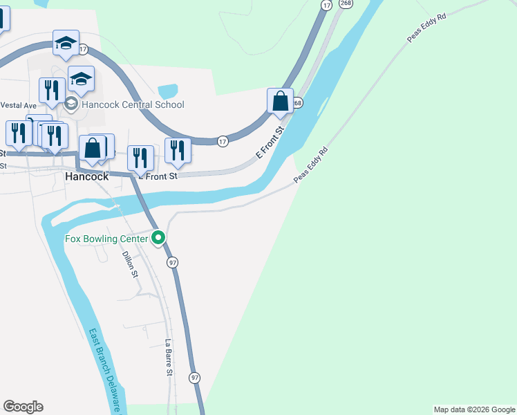 map of restaurants, bars, coffee shops, grocery stores, and more near 322 Peas Eddy Road in Hancock