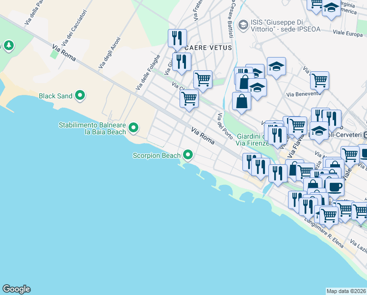 map of restaurants, bars, coffee shops, grocery stores, and more near 20 Via Arenile di Torre Flavia in Ladispoli