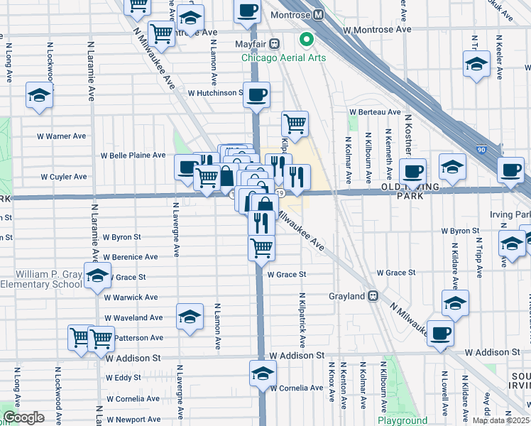 map of restaurants, bars, coffee shops, grocery stores, and more near 3911 North Cicero Avenue in Chicago