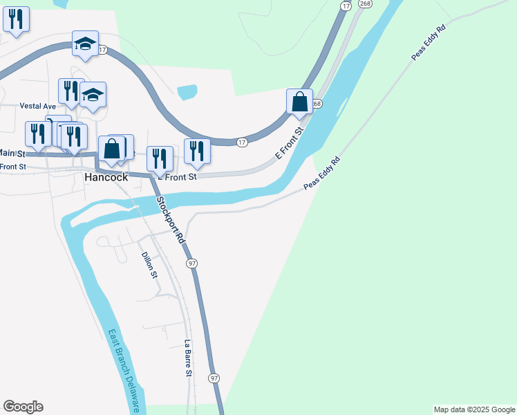 map of restaurants, bars, coffee shops, grocery stores, and more near Peas Eddy Road in Hancock