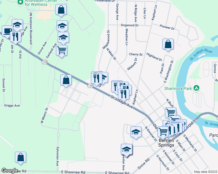 map of restaurants, bars, coffee shops, grocery stores, and more near 655 Saint Joseph Avenue in Berrien Springs