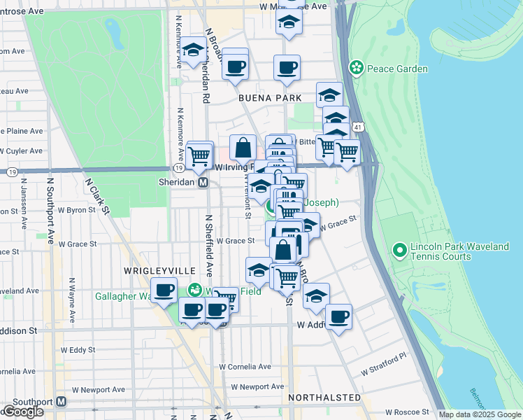 map of restaurants, bars, coffee shops, grocery stores, and more near 831 West Sheridan Road in Chicago