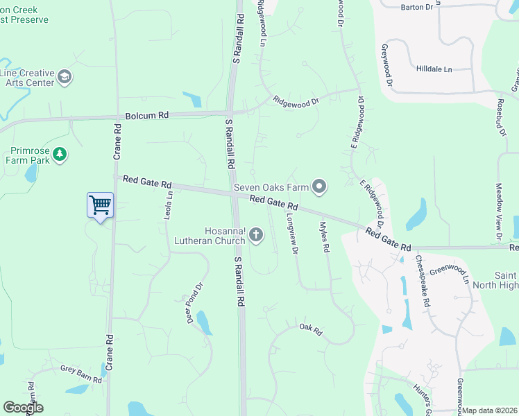 map of restaurants, bars, coffee shops, grocery stores, and more near 36W927 Red Gate Road in St. Charles