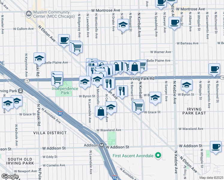 map of restaurants, bars, coffee shops, grocery stores, and more near 3910 North Elston Avenue in Chicago