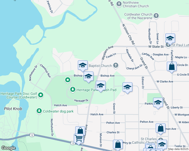 map of restaurants, bars, coffee shops, grocery stores, and more near 212 Bishop Avenue in Coldwater
