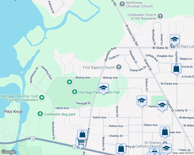 map of restaurants, bars, coffee shops, grocery stores, and more near 212 Bishop Avenue in Coldwater